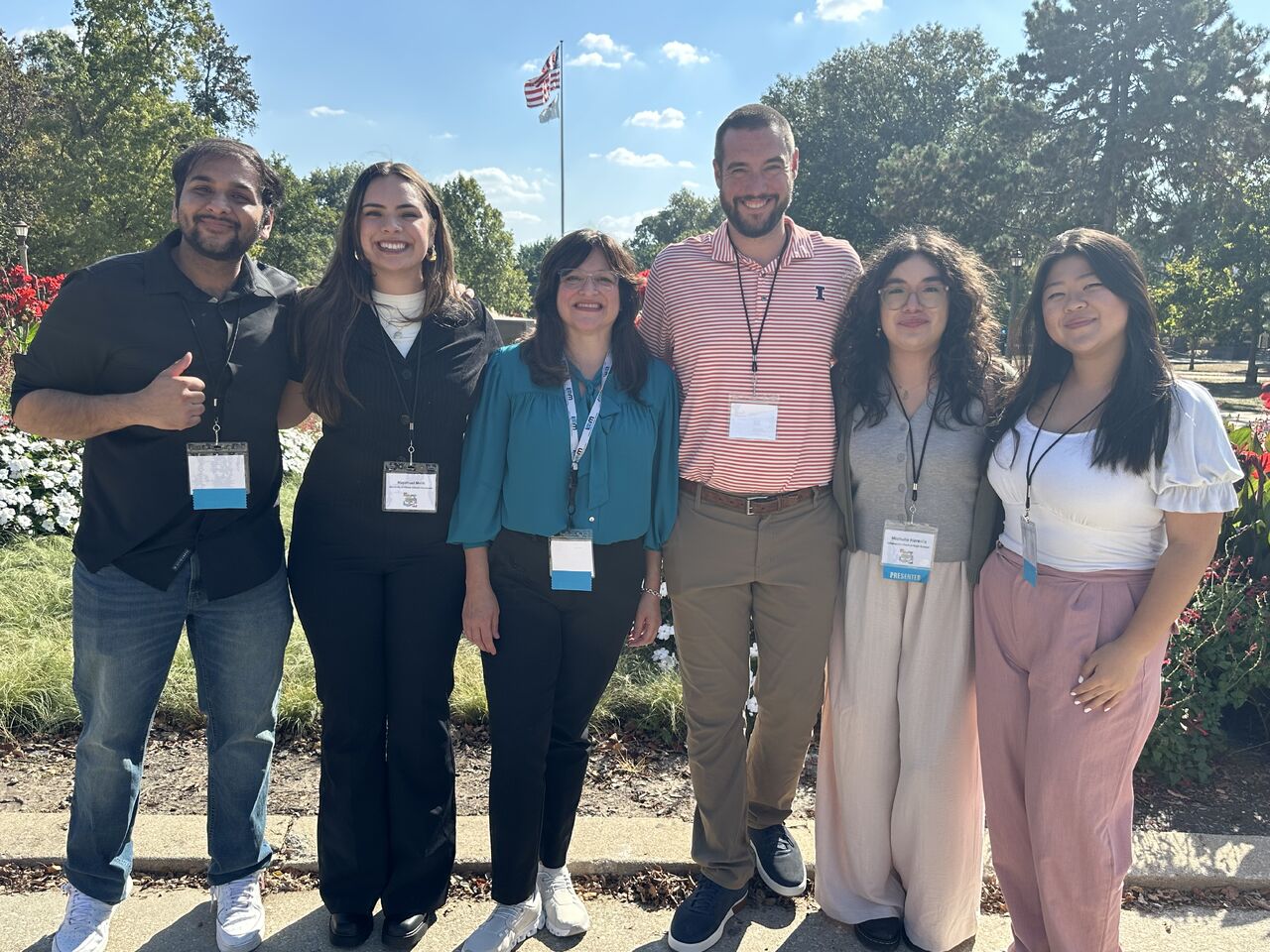 Sourabh Garg, Mayahuel Gutierrez Malik, Gloriana Gonzalez, Ted Powers, ___, and Jane Pak (left to right) pose for a group photo at the 2025 Illinois Council of Teaching of Mathematics (ICTM) Annual conference